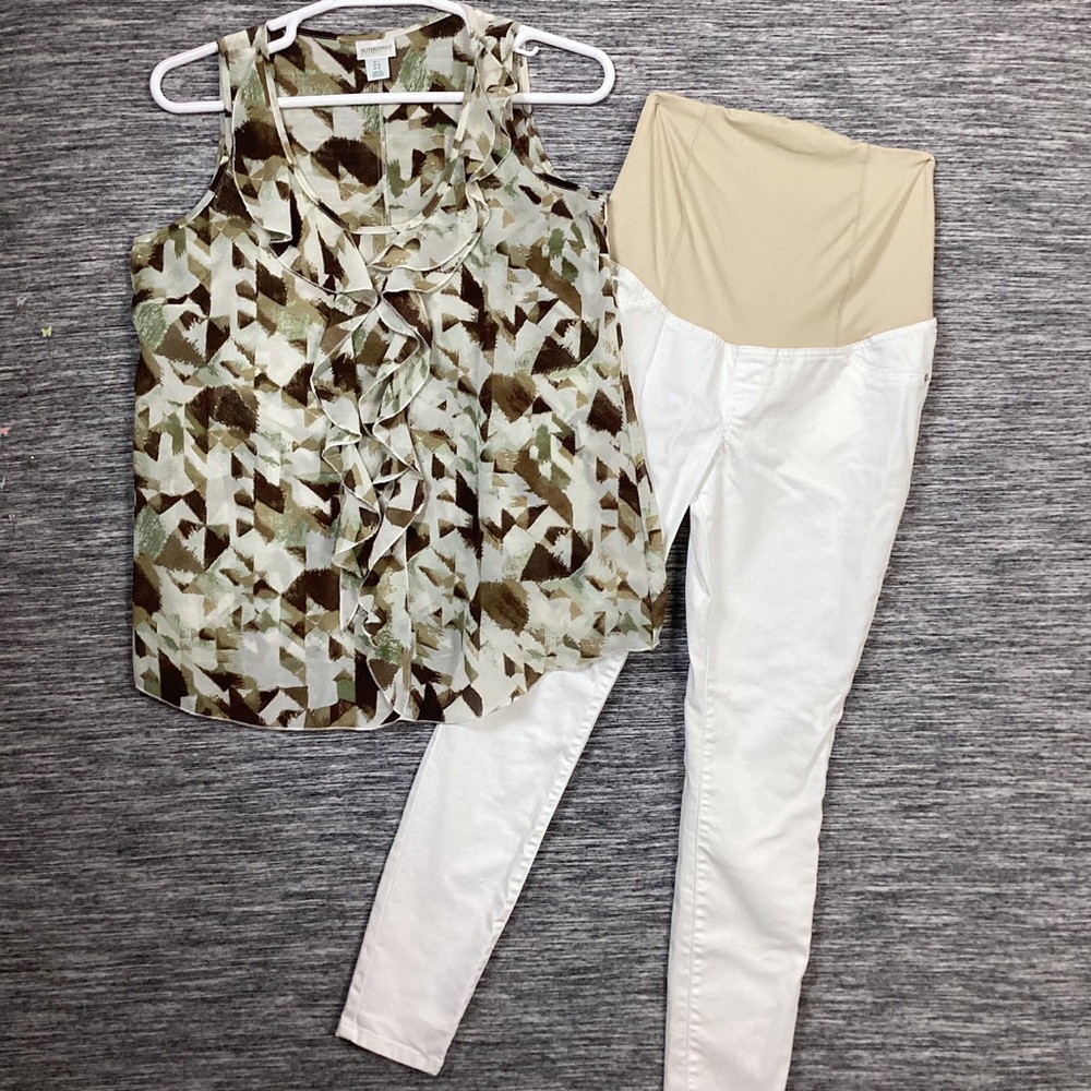 Maternity Outfit set Sheer Sleeveless Ruffled Top and Skinny White Jeans